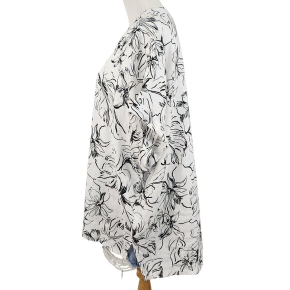 Joie Blouse Women's 1X Linen V Neck Short Sleeve Floral Print Top Black White - Picture 4 of 12